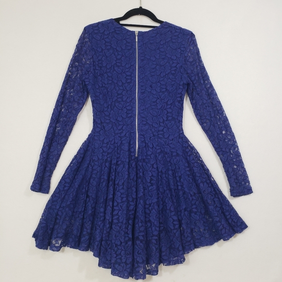 H&M Royal Skater Dress  blue lace overlay mini flowy long sleeved Fit & Flare - Picture 6 of 8